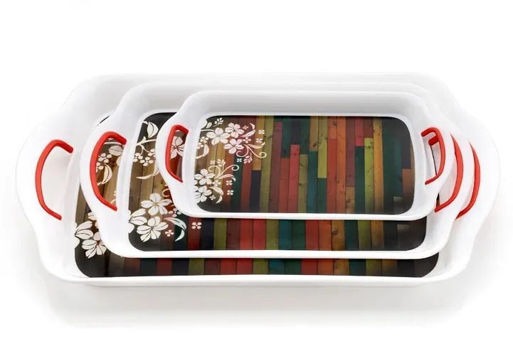 MIX CART  Rectangular Plastic Serving Tray || Printed Serving Tray with Handle || Serving Tray for Serving Tea, Snacks, Breakfast, Dinner (Set of 3) (Multicolor)