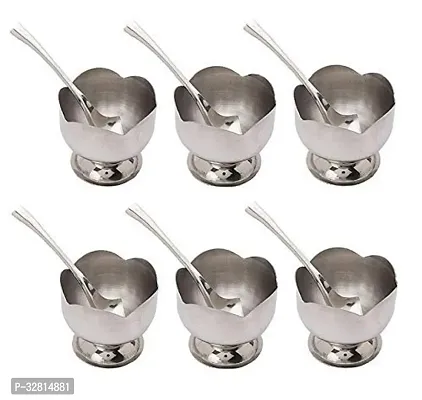 MIX CART 6 Pcs Stainless Steel Flower Shape Ice Cream Desert Serving Bowl with Spoons Set (Silver)