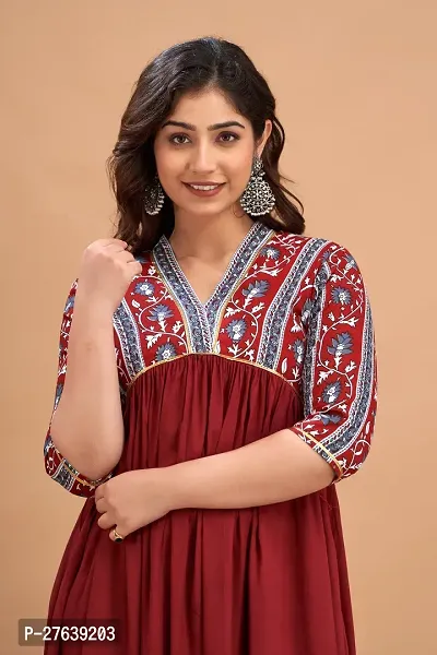 New Trendy Rayon Maroon Printed Party  Weeding Wear Beautiful Flared Kurta For Women and Girls-thumb2