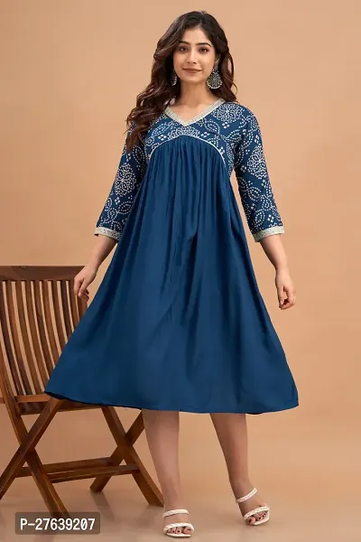 New Trendy Rayon Blue Printed Party  Weeding Wear Beautiful Flared Kurta For Women and Girls-thumb0