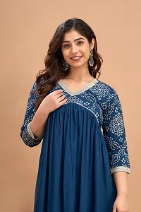 New Trendy Rayon Blue Printed Party  Weeding Wear Beautiful Flared Kurta For Women and Girls-thumb1