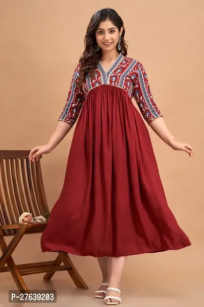 New Trendy Rayon Maroon Printed Party  Weeding Wear Beautiful Flared Kurta For Women and Girls-thumb0