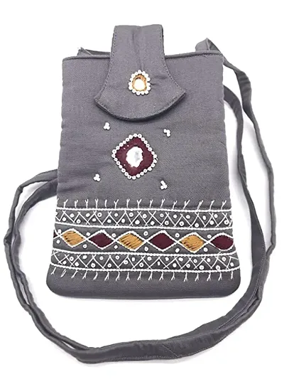 SriAoG Handmade Sling bag for Women | Crossbody Long Strap Purse | Handmade Style| Hanging Purse (Multicolour) (Grey)