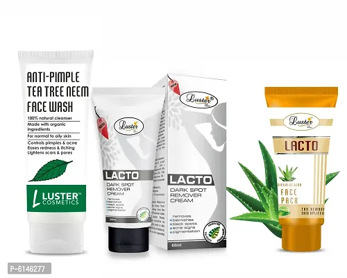 Lacto Dark Spot Remover Cream (60 ml) | Anti Pimple Tea Tree Neem Face Wash (100 ml) | Lacto Tan Removal Face Pack for Glowing Skin (60 ml)-thumb0