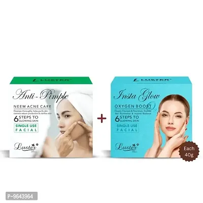 Luster Anti Pimple Facial Kit and Insta Glow Facial Kit | 6 Step Facial Kit | Single Use Mini Facial Kit | For Women and Men | Paraben Free- 40g Each