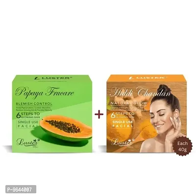 Luster Papaya Frucare Facial Kit and Haldi Chandan Facial Kit | 6 Step Facial Kit | Single Use Mini Facial Kit | For Women and Men | Paraben Free- 40g Each