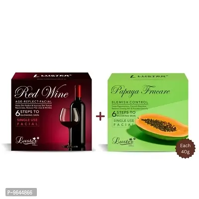 Luster Red Wine Facial Kit and Papaya Frucare Facial Kit | 6 Step Facial Kit | Single Use Mini Facial Kit | For Women and Men | Paraben Free- 40g Each