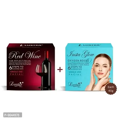 Luster Red Wine Facial Kit and Insta Glow Facial Kit | 6 Step Facial Kit | Single Use Mini Facial Kit | For Women and Men | Paraben Free- 40g Each