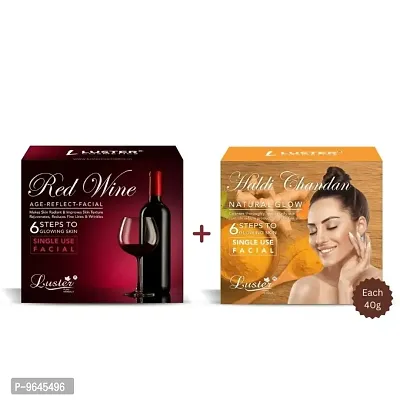 Luster Red Wine Facial Kit and Haldi Chandan Facial Kit | 6 Step Facial Kit | Single Use Mini Facial Kit | For Women and Men | Paraben Free- 40g Each