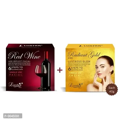 Luster Red Wine Facial Kit and Radiant Gold Facial Kit | 6 Step Facial Kit | Single Use Mini Facial Kit | For Women and Men | Paraben Free- 40g Each