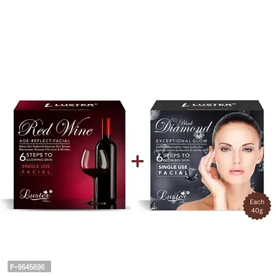 Luster Red Wine Facial Kit and Black Diamond Facial Kit | 6 Step Facial Kit | Single Use Mini Facial Kit | For Women and Men | Paraben Free- 40g Each
