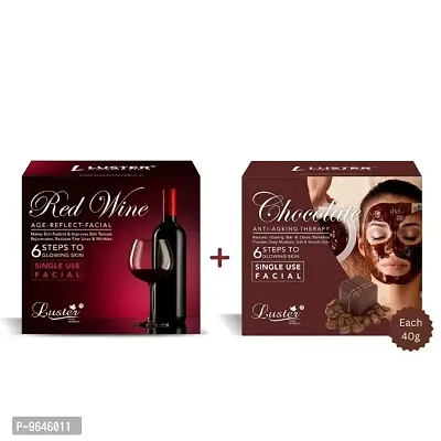 Luster Red Wine Facial Kit and Chocolate Facial Kit | 6 Step Facial Kit | Single Use Mini Facial Kit | For Women and Men | Paraben Free- 40g Each