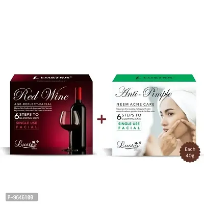 Luster Red Wine Facial Kit and Anti Pimple Facial Kit | 6 Step Facial Kit | Single Use Mini Facial Kit | For Women and Men | Paraben Free- 40g Each