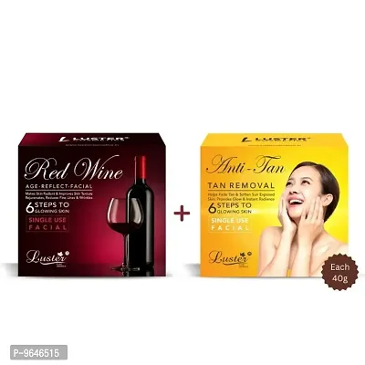Luster Red Wine Facial Kit and Anti Tan Facial Kit | 6 Step Facial Kit | Single Use Mini Facial Kit | For Women and Men | Paraben Free- 40g Each
