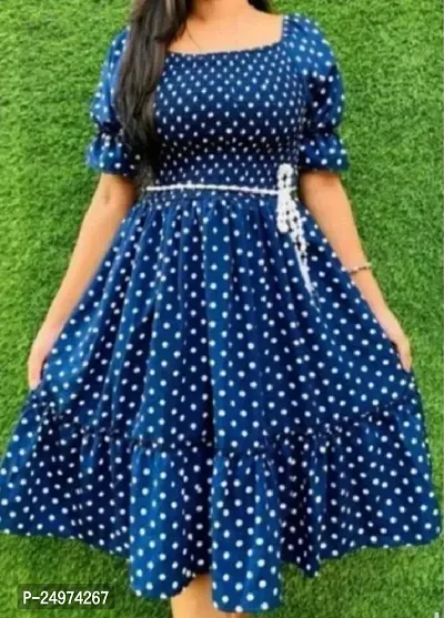 Stylish Blue Crepe Polka Dot Print Dress For Women