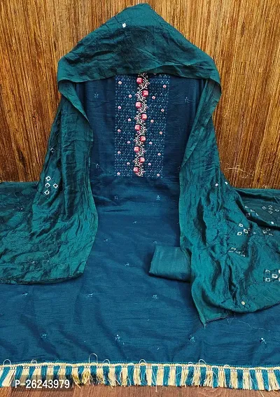 Teal Embroidery Work Unstitched Dress Material-thumb4