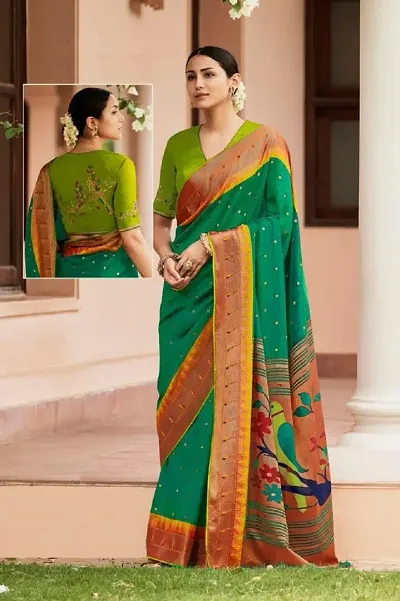 Printed Brasso Silk Paithani Sarees With Unstitched Blouse Piece
