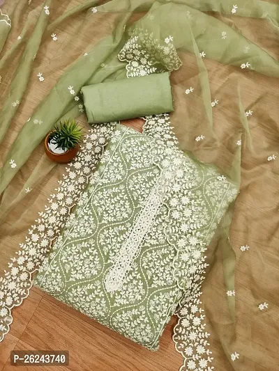 Green Chanderi Embroidery Work Unstitched Dress Material-thumb2