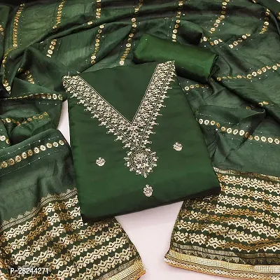 Green Chanderi Top with Intricate Work, Shantoon Bottom, and Banarasi Jacquard Dupatta-thumb0