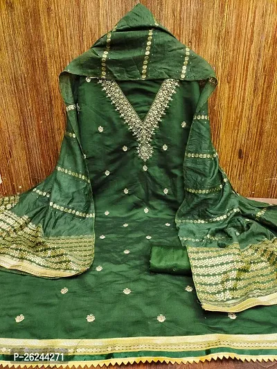 Green Chanderi Top with Intricate Work, Shantoon Bottom, and Banarasi Jacquard Dupatta-thumb4