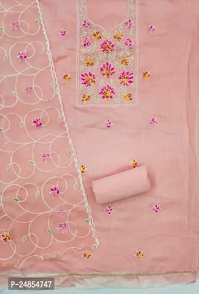 Peach Chanderi Silk Embroidery Work Unstitched Dress Material-thumb3