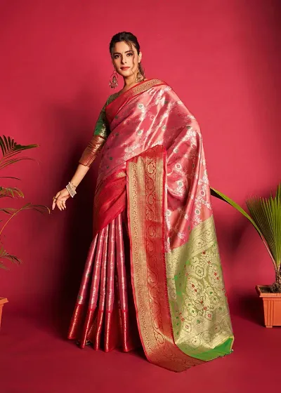 Womens Soft Kanjivaram Silk Blend Saree With Blouse Piece