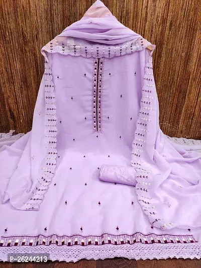 Lavender Georgette Emboridery Work Unstitched Dress Material-thumb4