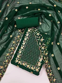 Green Faux Georgette Embroidery Work Unstitched Dress Material-thumb1