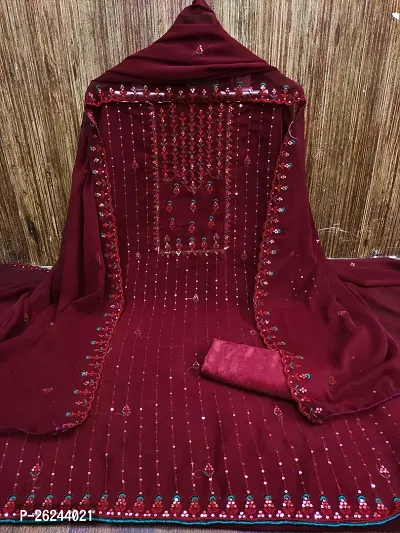 Maroon Georgette Embroidery Work Unstitched Dress Material-thumb4