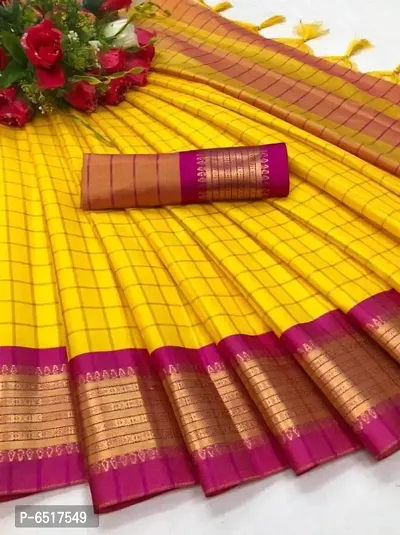 Women Cotton Silk Checkered Saree With Unstitched Blouse Piece