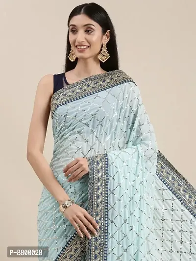 Women Poly Georgette Blue Sequined Saree With Blouse Piece-thumb3