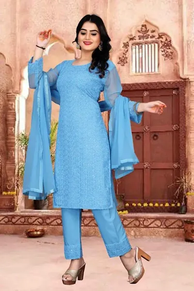 Womens Georgette Lakhnavi Chiply Work Unstitched Salwar Suit Dress Material