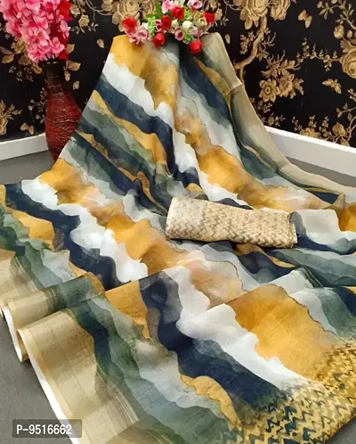 Printed Linen Saree With Banarasi Silk Blouse Piece