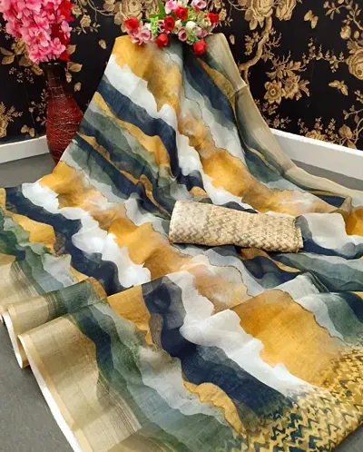 Printed Linen Sarees With Banarasi Silk Blouse Piece