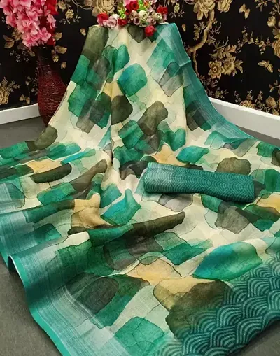 Printed Linen Sarees With Banarasi Silk Blouse Piece