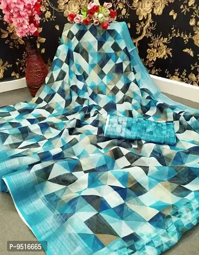 Printed Linen Saree With Banarasi Silk Blouse Piece