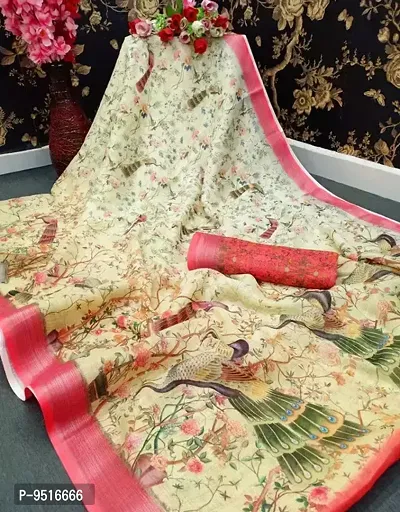 Printed Linen Saree With Banarasi Silk Blouse Piece