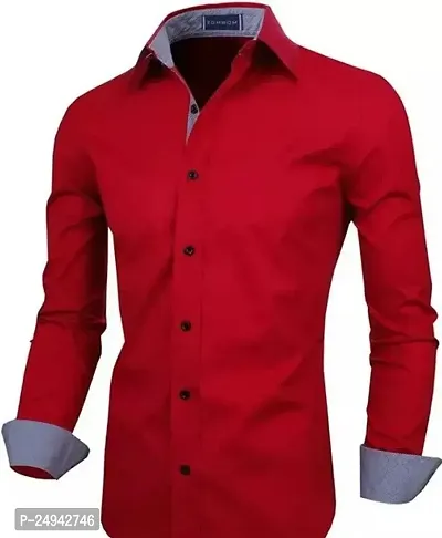 Reliable Red Cotton Blend Solid Long Sleeves Casual Shirts For Men-thumb0