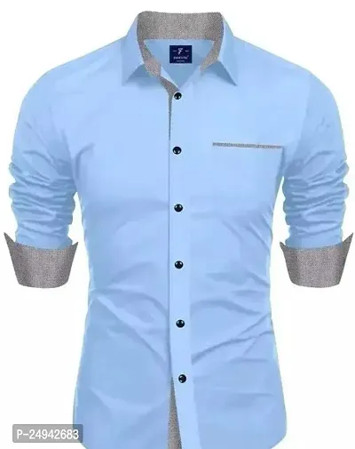 Reliable Sky Blue Cotton Blend Solid Long Sleeves Casual Shirts For Men