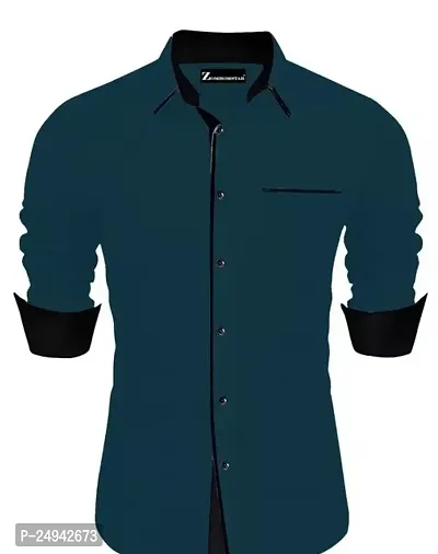 Reliable Firozi Blue Cotton Blend Solid Long Sleeves Casual Shirts For Men
