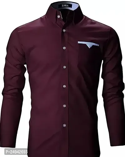 Reliable Maroon Cotton Blend Solid Long Sleeves Casual Shirts For Men-thumb0