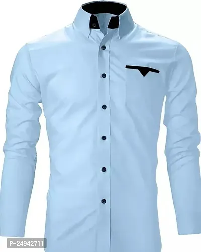 Reliable Sky Blue Cotton Blend Solid Long Sleeves Casual Shirts For Men