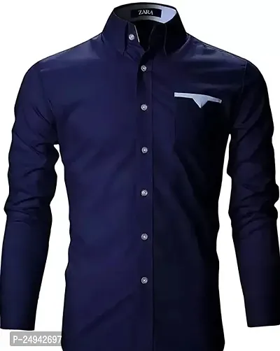 Reliable Navy Blue Cotton Blend Solid Long Sleeves Casual Shirts For Men-thumb0