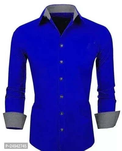 Reliable Blue Cotton Blend Solid Long Sleeves Casual Shirts For Men-thumb0