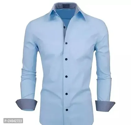 Reliable Sky Blue Cotton Blend Solid Long Sleeves Casual Shirts For Men