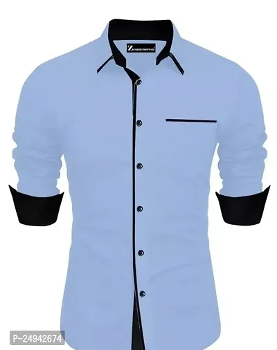 Reliable Sky Blue Cotton Blend Solid Long Sleeves Casual Shirts For Men-thumb0