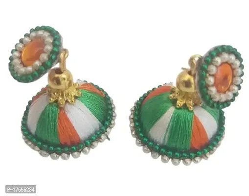 Nidhi's : WORLD OF CREATION Stylish Traditional Tricolor Orange White Green Silk Thread Earrings Set for Women  Girls | Special For Republic Or Independence Day-thumb0