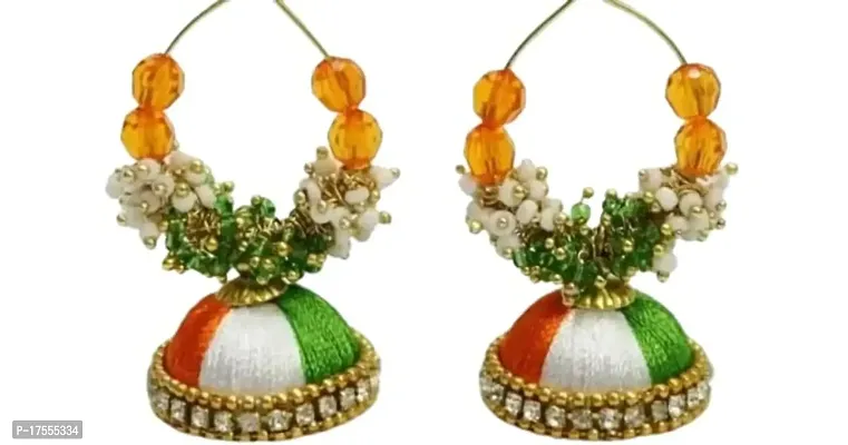 Nidhi's : WORLD OF CREATION Stylish Traditional Tricolor Orange White Green Silk Thread Earrings Set for Women  Girls | Special For Republic Or Independence Day