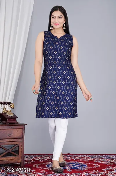 Stylish Womens Cotton Printed Sleeve Less Kurti Legging Set (Blue)-thumb0