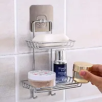 AD PLAST  Double Layer Soap Dish Storage Organizer Holder and Stainless Steel Hook Self-Adhesive Stainless Steel Waterproof Kitchen Bathroom (Pack of 2)-thumb2